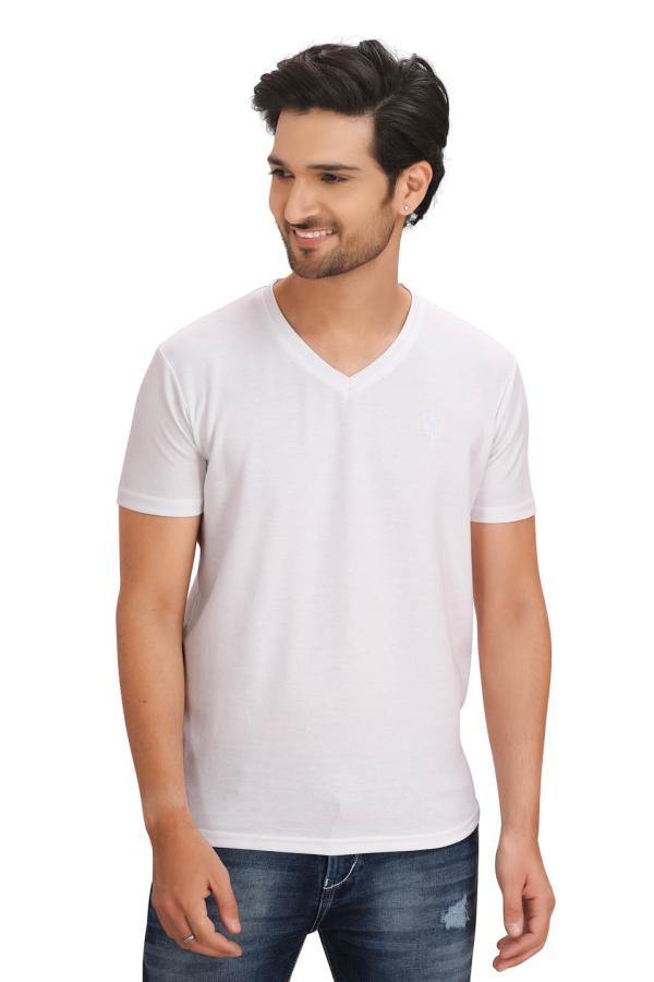 White Half Sleeves V Neck T-Shirt For Men