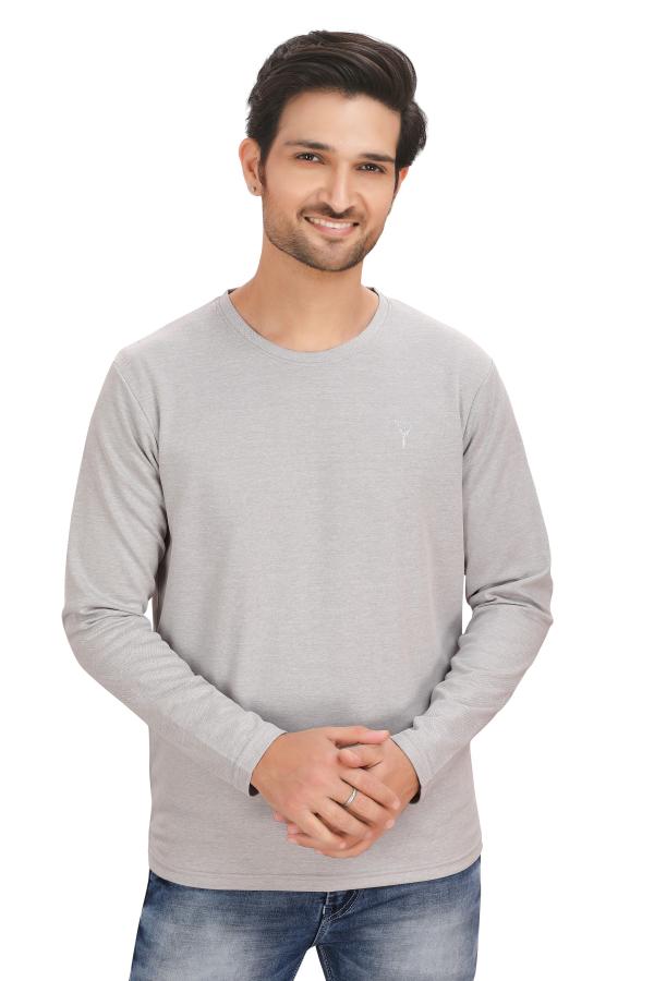 Grey Round Neck Plain  Full Sleeves T-Shirt For Men