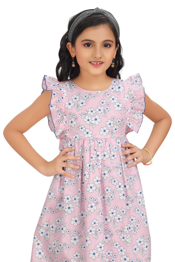 Pink Floral Printed Cotton Frock For Girls