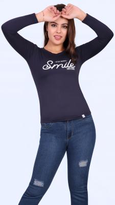Navy Blue Printed Round Neck T-Shirt For Women