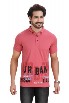 Dark Pink Printed Half Sleeves Collar T-Shirt For Men