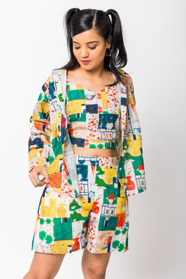 Multi Printed Hoodie Shirt With Shorts Co-Ords Set For Women