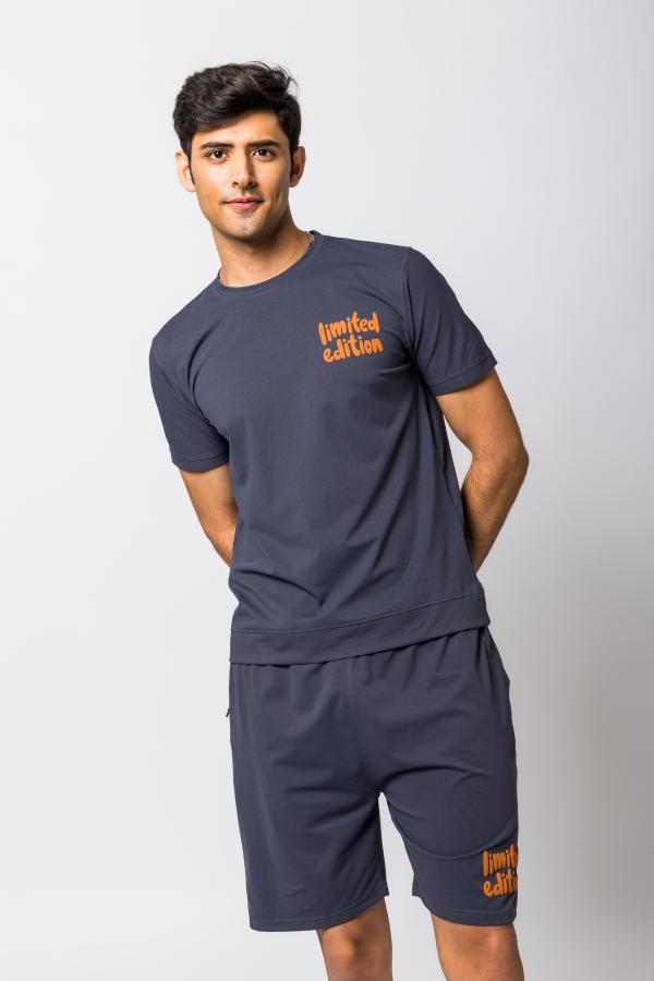 Dark Grey Half Sleeves T-Shirt And Shorts Co-Ord Set For Men
