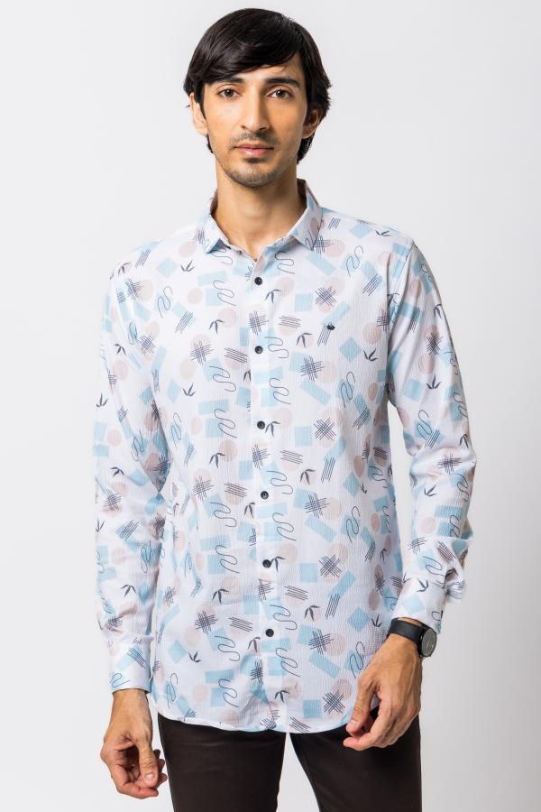 White & Sky Blue Printed Casual & Party Wear Shirt For Men