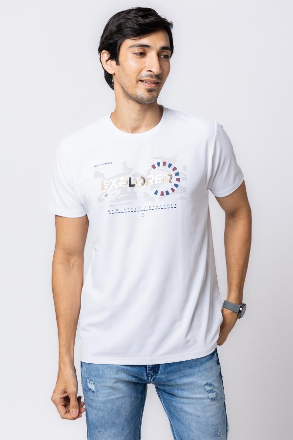 White Printed Half Sleeves Round Neck T-Shirt For Men