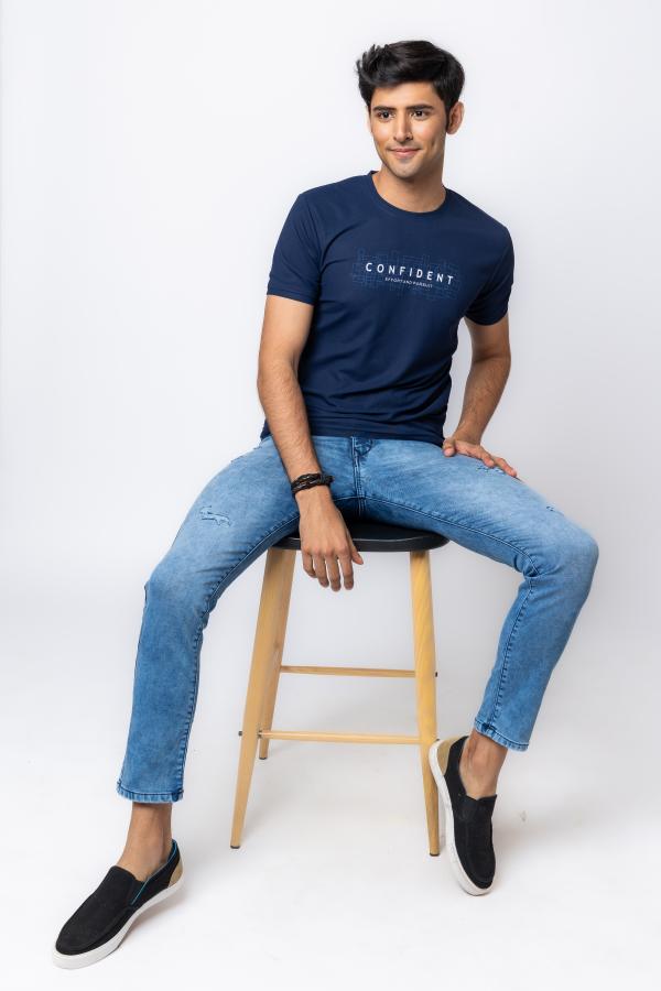 Navy Blue Printed Half Sleeves Round Neck T-Shirt For Men