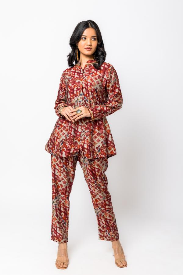 Red Multi Printed Suit Kurti Top & Pant Co-Ord Set For Women