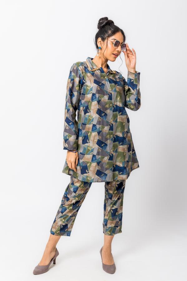 Blue Multi Printed Suit Kurti Top & Pant Co-Ord Set For Women