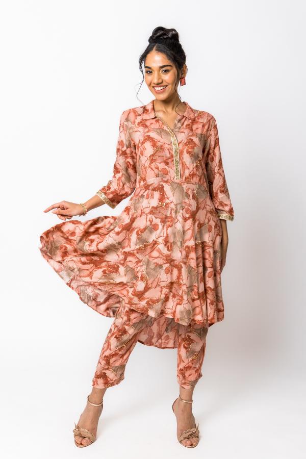 Peach Multi Printed High Low Top & Pant Co-Ord Set For Women
