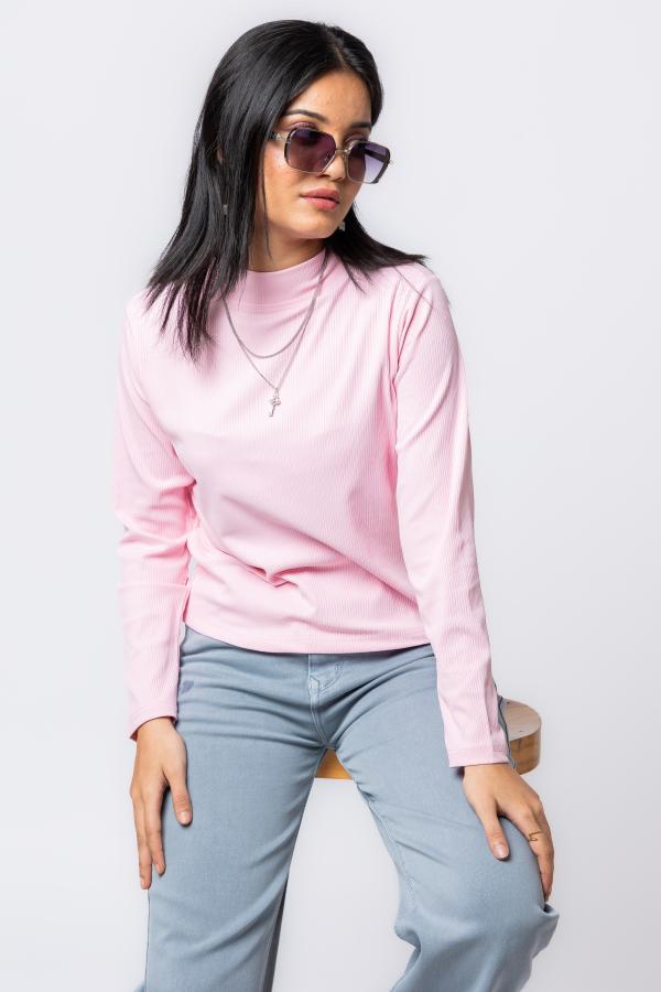 Pink High Neck Full Sleeves T-Shirt For Women