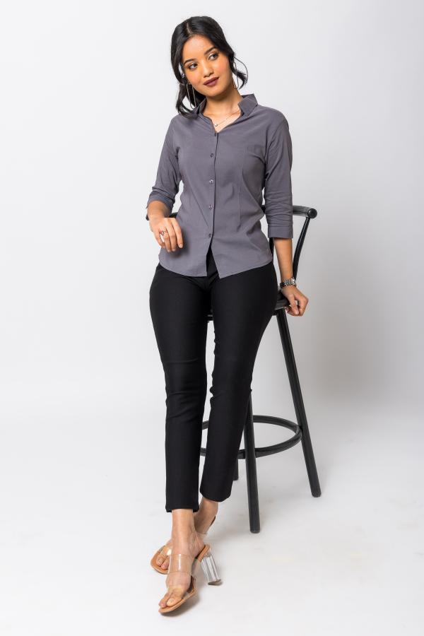 Grey 3/4 Sleeves Formal Shirt For Women