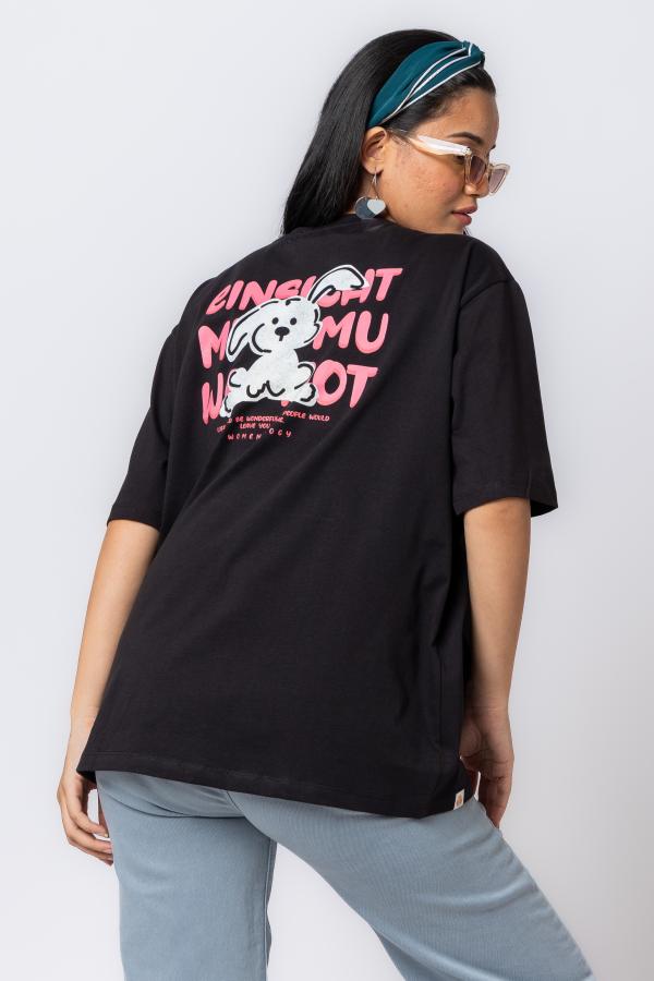 Black Oversized Back Printed T-Shirt For Women
