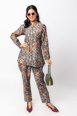 Grey Multi Printed Suit Kurti Top & Pant Co-Ord Set For Women