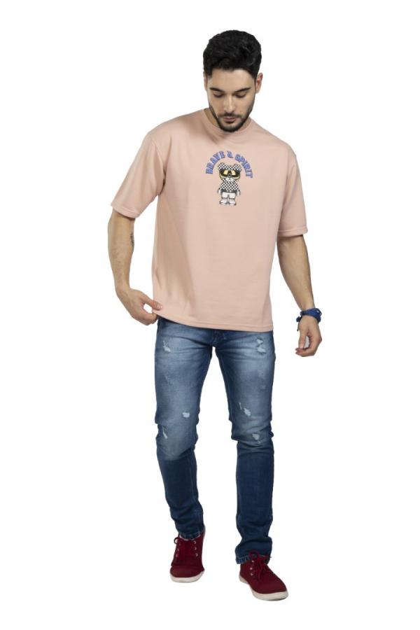 Peach Half Sleeves Back Printed Oversized T-Shirt For Men