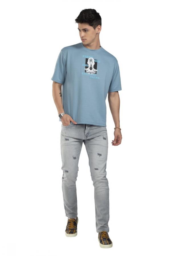 Blue Half Sleeves Back Printed Oversized T-Shirt For Men