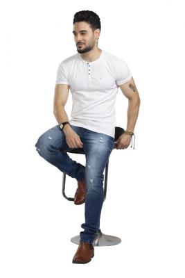 White Round Neck Button T-Shirt For Men