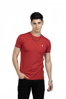 Red Round Neck Button T-Shirt For Men