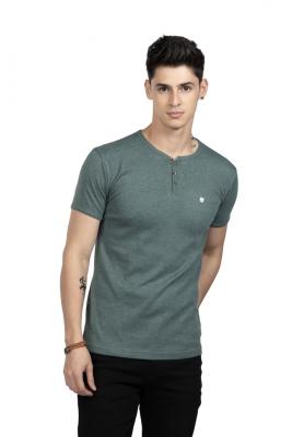 Light Green Round Neck Button T-Shirt For Men