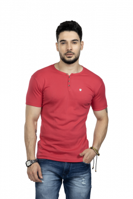 Pink Round Neck Button T-Shirt For Men