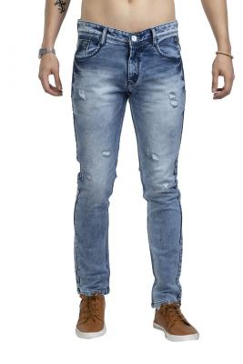 Carbon Blue Ripped Pattern Denim Jeans For Men