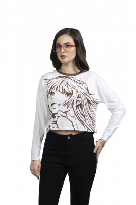 Brown Full Sleeves Crop T-Shirt For Women