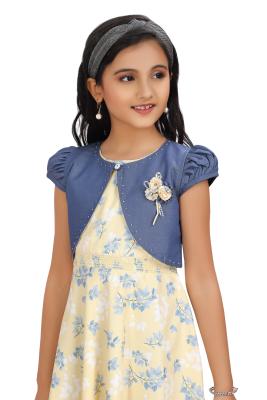 Yellow Floral Print Frock With Shrug For Girls